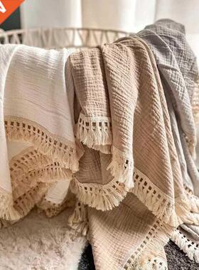 Cotton Muslin Swaddle Blanket Baby Tassel Receiving Blanket