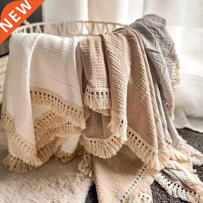Cotton Muslin Swaddle Blanket Baby Tassel Receiving Blanket