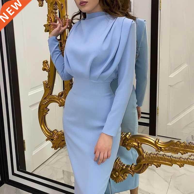 InstaHot Elegant Women Dress Stand Collar Slim Waist Solid B