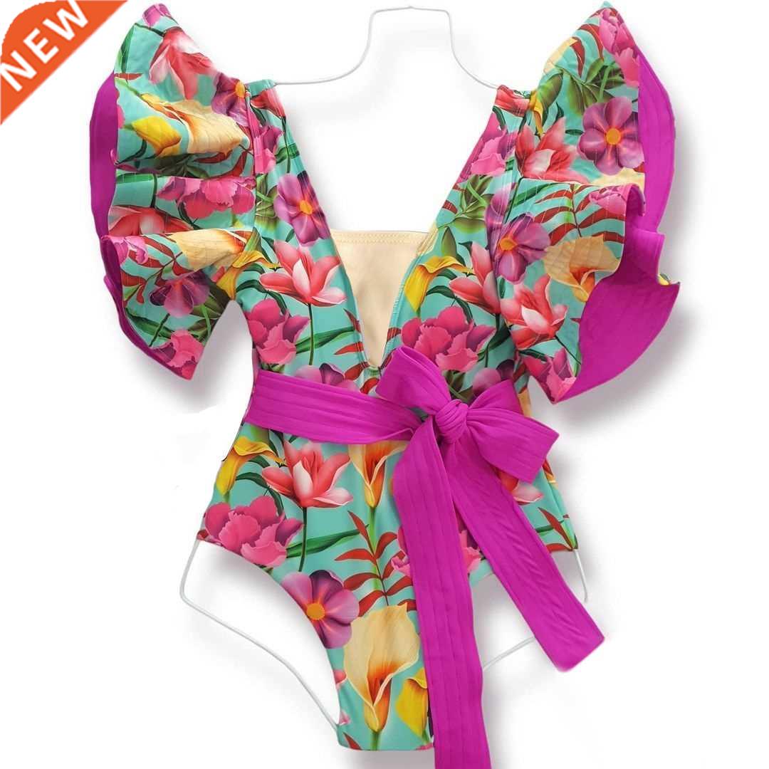 2022 Floral Printed Deep V-neck Ruffle Swimsuit Push Up One