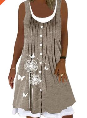 Women Dress Fake Two-piece Dress Single-breasted A Line Roun