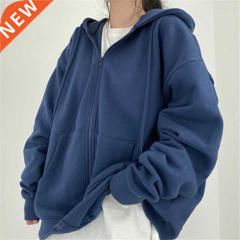 Women Hoodies Solid Color Zip Up Pocket Oversized Harajuku K