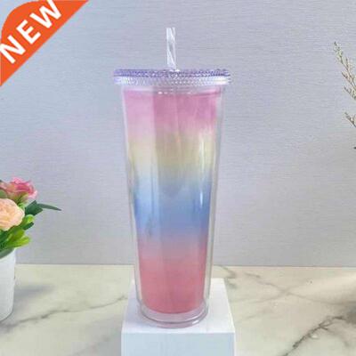 Diamond Straw Cup Reusable Rainbow Color Changing Cup Coffee