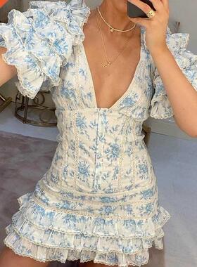 High Quality 2022 Ruffle Light Blue Women Mini Dress