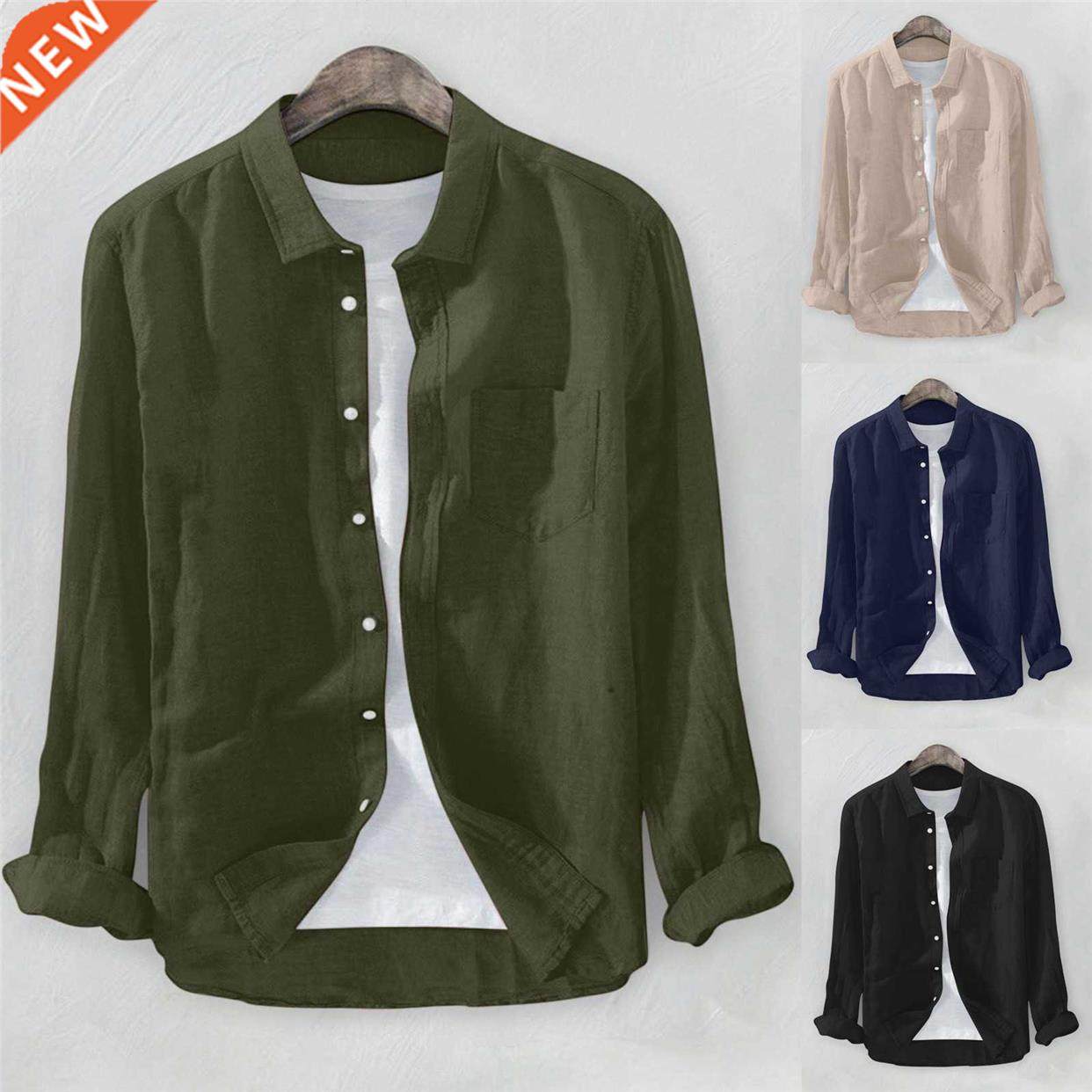 Oversized Men Casual Linen Shirt Solid Long Sleeve Tops Pul