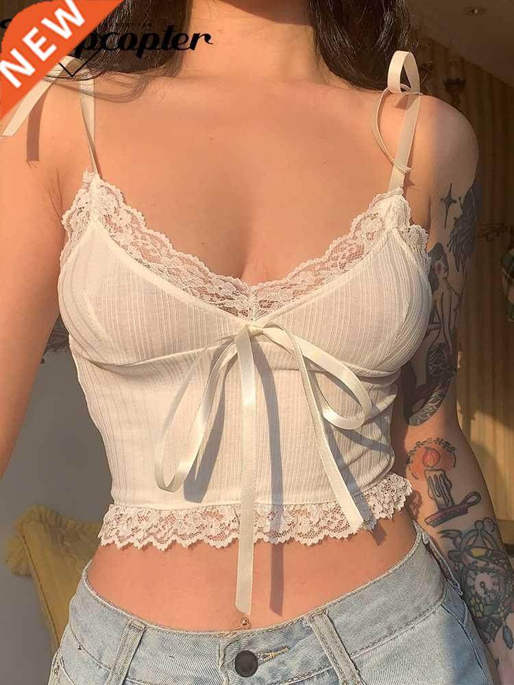 Rapcopter Y2K Lace Trim Crop Top Aesthetic White Bow Cute Sw