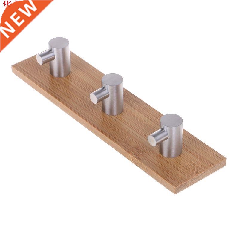 Natural Bamboo Stainless Steel Wall Hook Bag Key Towel Adhes