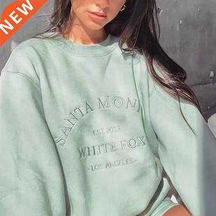 Vintage Sweatshirt Letters Crewneck Women Embroidered Green