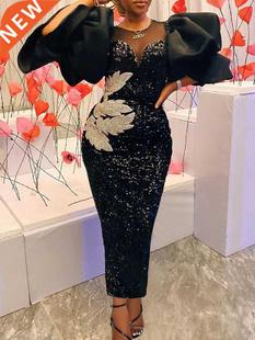 Velvet Embroidery Chest Sequin Puff Dresses Wrapped Black