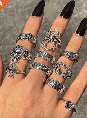 Punk Gothic Heart Ring Set for Women Black Dice Vintage Spad