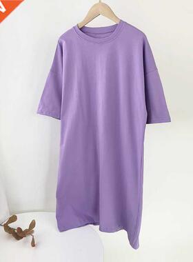 Casual all-matc soli color roun neck long ladies T-shirt top