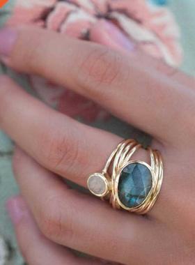 Vintage 14K Gold Labradorite Aqua Blue Shell Rings for Women