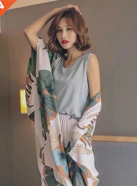 Autumn Ladies Pajama Set Cotton Satin 4Pcs Set Cardigan+Vest