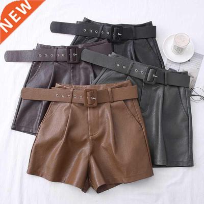 2022 New PU Leather Shorts Women Shorts All-match Sashes Wid