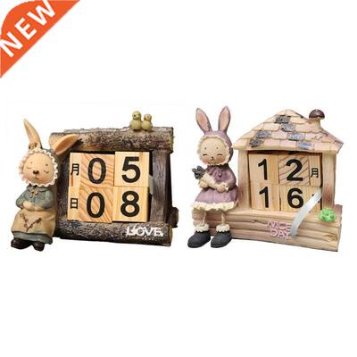 Cute Rabbit Calendar Ornaments Wooden House Date Desktop Orn