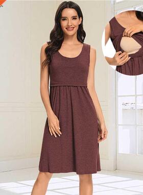 Women's Pregnancy Sleeveless Nursing Pleat Dress Maternity D