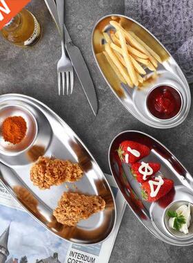 Stainless Steel Snack Plate Divided Grid Plate 2-in-1 Oval P