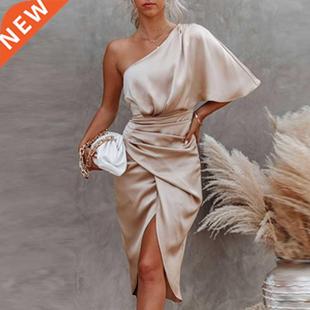 Women Ruched Slit Party Dress Nec Satin Diagonal