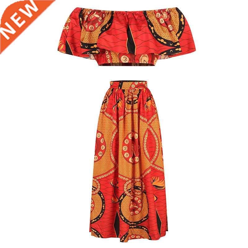 Women African Print Skirt 2 Pieces Set (Tops+Skirts) Women D
