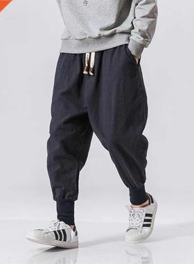 Cotton Linen Harem Pants Men Solid Elastic Waist Setwear Jog