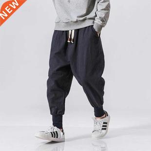 Pants Men Setwear Linen Jog Waist Harem Elastic Cotton Solid