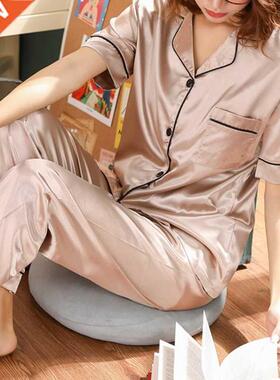 Women's Pajamas Set Satin Silk Sleepwear Turn-down Collar Pi