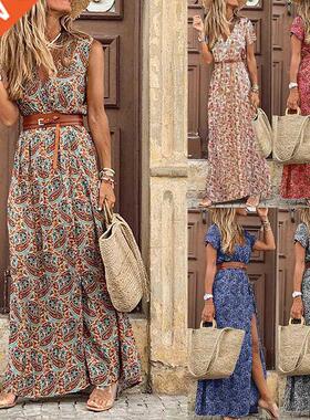 2022 Summer Boho Long Dress Women Casual Paisley Print Belt