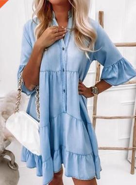 S - 3XL Cotton Deni Woen Dress Solid Color id Sves A-l