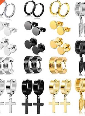 6 Style 316L Stainless Steel Dangle Round Cross Leaf Earrin