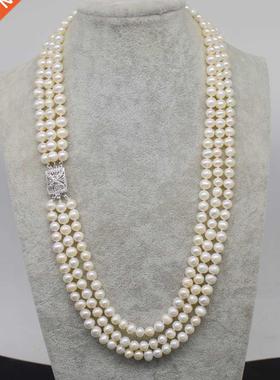 WOW! rows freshwater pearl white near round 7-8mm necklac