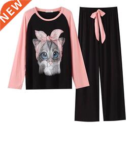 Long Kor for neck Sleeve Printed Cartoon Women Sets Pajama