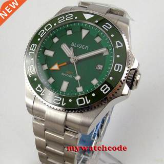 43mm bliger green dial sapphire glass GMT automatic mens wat