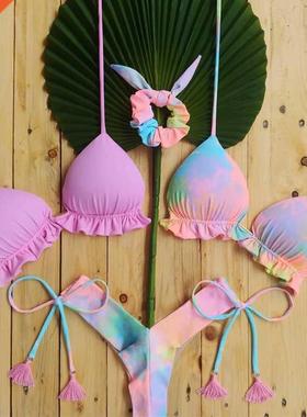 3 Piece Biquini Pink Bikini Women Beach Outing Swimwear Flor