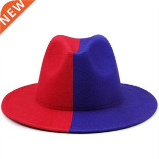 Fedora Patchwork Unisex Women Hat Jazz Felt Wool blue Red