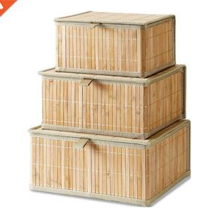 3 Storage Baskets with Lids-Bamboo Decorative Storage Boxes