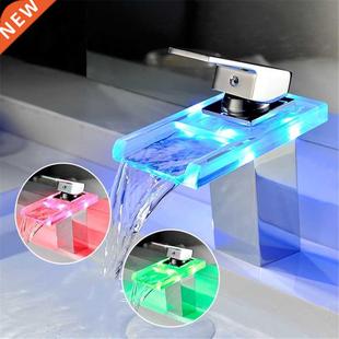 LED Basin Faucet Brass Waterfall Temperature Colors Change B