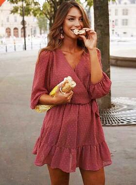 v-neck short sleeve wave point strap lady chiffon dress 2022