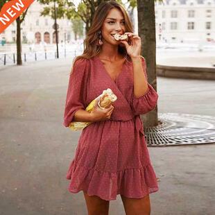 v-neck short sleeve wave point strap lady chiffon dress 2022