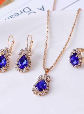 Luxury Water Drop Rhinestone Necklace Earrings Ring Set Shin