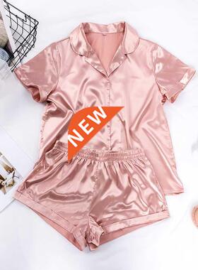 Women Sleepwear Summer Pajama Set Pink Turn Down Collar Faux