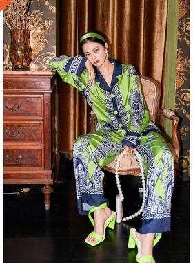 Spring Silk Pajamas for Female Satin Vintage Printed Sleepwe
