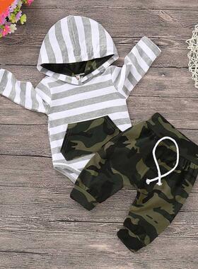Kids Baby Boy Outfit Striped Hooded Rompers Camouflage Pants