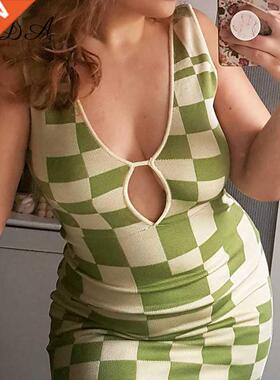 FSDA Plaid 2021 Summer Bodycon Dress Women Midi Knit Sleevel