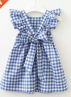 New Summer Flying sleeve Plaid Baby Girl Clothes Ruffles Bac