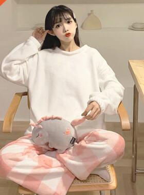 QWEEK Winter Pajamas Women Warm Sleepwear Velvet Trouser Sui