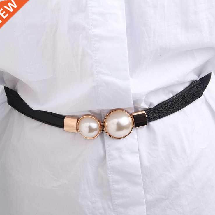 Fashion Thin PU Leather Belt Simulated Pearl Elastic Waist B