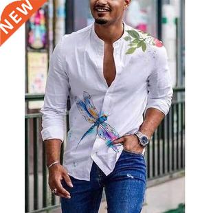 Men Shirts Spring Summer Vintage Printed Long-sleeved Thin B