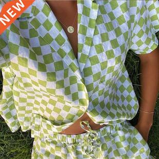 Casual Women Lounge Wear Summer Plaid Tracksuit Shorts Set S