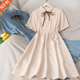 Dress Women Chiffon Bow Solid High Waist Turn-down Collar Pr