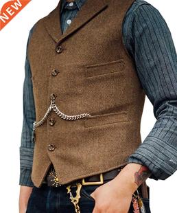 Vest Brown Business Tweed Suit Wool Men Wedding